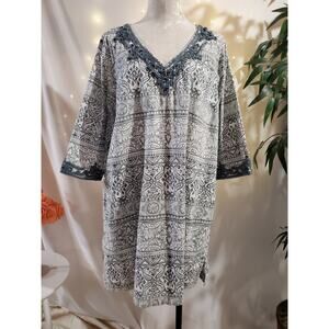 Lands End Womens V-Neck Crochet Lace Trim Tunic Size 2X Coverup Paisley Pockets